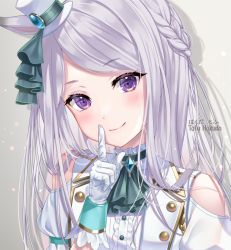 Rule 34 | animal ears, artist name, bare shoulders, blush, braid, center frills, closed mouth, commentary request, frills, green neckwear, grey background, hakuda tofu, hand up, hat, highres, horse ears, index finger raised, jacket, long hair, mejiro mcqueen (end of sky) (umamusume), mejiro mcqueen (umamusume), mini hat, mini top hat, official alternate costume, purple eyes, shirt, silver hair, smile, solo, swept bangs, tilted headwear, top hat, umamusume, upper body, white hat, white jacket, white shirt