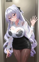 Rule 34 | 1girl, absurdres, aircell, arm at side, black bra, black pantyhose, black skirt, blush, bra, bra visible through clothes, breasts, bronya zaychik, bronya zaychik (silverwing: n-ex), collarbone, collared shirt, commentary, cowboy shot, crossed bangs, english commentary, grey eyes, grey hair, hair between eyes, hand up, highres, honkai (series), honkai impact 3rd, huge breasts, indoors, office lady, paid reward available, pantyhose, red pupils, shirt, skirt, smile, solo, underwear, waving, wet, white shirt