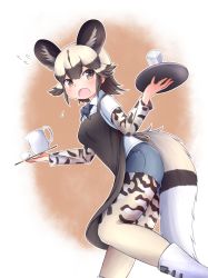 Rule 34 | 1girl, african wild dog (kemono friends), african wild dog print, animal ears, animal print, apron, bad id, bad pixiv id, blush, bodystocking, boots, bow, bowtie, brown eyes, brown hair, cup, dog ears, dog tail, extra ears, flying sweatdrops, from side, furrowed brow, hands up, highres, holding, holding tray, kemono friends, layered sleeves, leaning forward, light brown hair, long sleeves, looking at viewer, medium hair, multicolored hair, nina yuki, open mouth, shirt, short over long sleeves, short sleeves, shorts, sidelocks, solo, tail, tray, two-tone hair