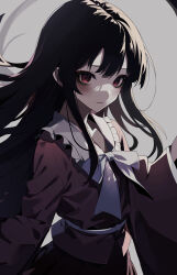 Rule 34 | 1girl, black hair, bow, bowtie, closed mouth, commentary request, cowboy shot, expressionless, frilled shirt collar, frills, grey background, highres, houraisan kaguya, long hair, long sleeves, looking at viewer, pale skin, pink shirt, red eyes, ringed eyes, shirt, simple background, solo, touhou, upper body, usuuuv, very long hair, white bow, white bowtie, wide sleeves
