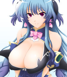 Rule 34 | 1girl, bare shoulders, blue hair, breasts, cleavage, covered erect nipples, earrings, female focus, gaen, hair ornament, huge breasts, jewelry, koihime musou, long hair, purple eyes, simple background, smile, solo, upper body, white background