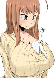 Rule 34 | 1girl, :/, ahoge, animal between breasts, anus, between breasts, blush, breasts, brown eyes, brown hair, cat, cleavage, collarbone, highres, huge ahoge, huge breasts, komusou (jinrikisha), matching hair/eyes, ooba minori, original, ribbed sweater, simple background, solo, striped clothes, striped sweater, sweater, upper body, wavy mouth, white background