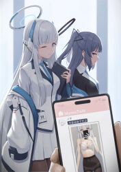 Rule 34 | 1other, 2girls, afe., blue archive, blue necktie, breasts, cellphone, closed mouth, collared shirt, grey hair, halo, highres, holding, holding phone, jacket, large breasts, long hair, long sleeves, looking at viewer, mechanical halo, multiple girls, necktie, noa (blue archive), one eye closed, open clothes, open jacket, phone, purple eyes, purple hair, shirt, smartphone, two side up, white jacket, white shirt, yuuka (blue archive)