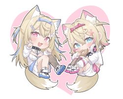 Rule 34 | 2girls, absurdres, animal ear fluff, animal ears, blue eyes, blush, chibi, cropped shirt, dog ears, dog girl, dog tail, dress, eating, fang, fangs, frilled shorts, frills, fuwawa abyssgard, fuwawa abyssgard (1st costume), hair between eyes, hair ornament, hairpin, headphones, headphones around neck, highres, hololive, hololive english, long hair, looking at viewer, midori xu, mococo abyssgard, mococo abyssgard (1st costume), multicolored hair, multiple girls, open mouth, pink eyes, pink hair, shirt, short hair, short shorts, shorts, siblings, sidelocks, sisters, skin fang, skin fangs, streaked hair, tail, twins, two side up, virtual youtuber, white dress, white footwear, white shirt, white shorts, x hair ornament