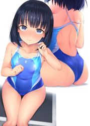 Rule 34 | 1girl, ass, back cutout, bare arms, bare legs, bare shoulders, black eyes, black hair, blue one-piece swimsuit, blush, breasts, character request, clothes pull, clothing cutout, collarbone, commentary request, competition swimsuit, copyright request, from above, from behind, himenogi rinze, looking at viewer, love r, multiple views, off shoulder, one-piece swimsuit, one-piece swimsuit pull, satou kuuki, short hair, simple background, sitting, small breasts, swimsuit, wet, wet clothes, white background