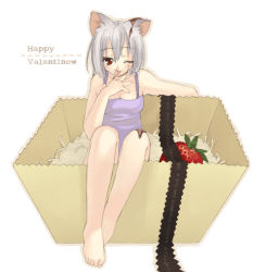 Rule 34 | 1girl, animal ears, barefoot, box, cat ears, feet, food, fruit, grey hair, happy valentine, in box, in container, one eye closed, piyodera mucha, red eyes, ribbon, short hair, solo, strawberry, toes, valentine