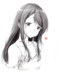 Rule 34 | 1girl, arms at sides, bare shoulders, blush, bra, bra peek, breasts, camisole, closed mouth, collarbone, commentary request, cropped torso, graphite (medium), greyscale, hatching (texture), kubo-san wa mob wo yurusanai, kubo nagisa, long hair, looking at viewer, monochrome, parted bangs, sidelocks, small breasts, smile, solo, straight hair, strap slip, traditional media, underwear, watermark, y takeshinu wan