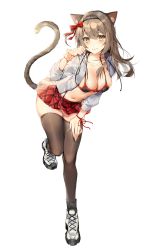 Rule 34 | 1girl, absurdres, animal ear fluff, animal ears, black bra, black hairband, blush, bow, bow bra, bra, breasts, brown footwear, brown hair, cat ears, cat girl, cat tail, cleavage, closed mouth, collarbone, commentary, cropped jacket, full body, hair between eyes, hair bow, hairband, halterneck, hand on lap, highres, jacket, kemonomimi mode, large breasts, leaning forward, leg up, long hair, long sleeves, looking at viewer, medium breasts, midriff, miniskirt, mo:oku, navel, open clothes, open jacket, original, paw pose, plaid, plaid skirt, red bow, shoes, sidelocks, simple background, skirt, smile, sneakers, solo, standing, standing on one leg, stomach, tail, tail raised, thighhighs, underwear, white background, white footwear, wrist cuffs, yellow eyes