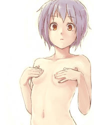 Rule 34 | 1girl, a-ka, bad id, bad pixiv id, breasts, completely nude, covering privates, covering breasts, faux traditional media, nagato yuki, navel, no eyewear, nude, purple hair, short hair, simple background, small breasts, solo, surprised, suzumiya haruhi no yuuutsu, topless, topless frame, upper body