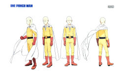 Rule 34 | 1boy, bald, belt, boots, cape, character sheet, copyright name, copyright notice, gloves, highres, male focus, multiple views, official art, one-punch man, production art, red footwear, red gloves, saitama (one-punch man), scan, scan artifacts, superhero costume, turnaround, white cape, zip available, zipper, zipper pull tab