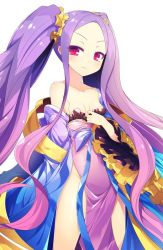 Rule 34 | 1girl, areola slip, bare shoulders, breasts, collarbone, dress, fate/grand order, fate (series), ichiyan, japanese clothes, kimono, long hair, no bra, no panties, off shoulder, open clothes, open kimono, pelvic curtain, purple eyes, purple hair, small breasts, smile, solo, twintails, very long hair, wu zetian (fate), wu zetian (first ascension) (fate)