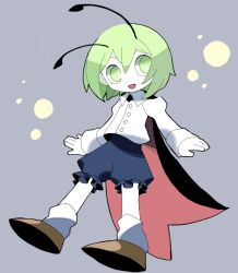 Rule 34 | 1girl, antennae, arthropod girl, black cape, blue shorts, brown footwear, buttons, cape, collared shirt, dmebgsa3, frilled shorts, frills, green eyes, green hair, grey background, hair between eyes, highres, light, long sleeves, looking to the side, multicolored cape, multicolored clothes, open mouth, red cape, shirt, shoes, short hair, shorts, simple background, sleeves past wrists, smile, socks, touhou, white shirt, white socks, wriggle nightbug