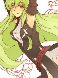Rule 34 | 00s, 1girl, armpits, arms up, bad id, bad pixiv id, belt, blush, c.c., code geass, detached sleeves, green hair, hatsuko, long hair, open clothes, open shirt, shirt, solo, yellow eyes