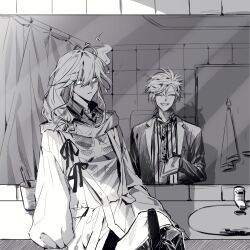 Rule 34 | 2boys, ^ ^, antenna hair, bathroom, closed eyes, collared shirt, commentary request, cup, curtains, door, earrings, expressionless, faucet, giving, gloves, greyscale, hair between eyes, hair bun, hair over shoulder, handkerchief, highres, hitodama, hizaki gamma, holding, holding handkerchief, holostars, jacket, jewelry, korean commentary, lapels, long hair, long sleeves, looking at viewer, low-tied long hair, male focus, minase rio, mirror, mometsu 033, monochrome, multiple boys, necktie, no reflection, notched lapels, open clothes, open collar, open jacket, parted lips, pov, pov hands, reflection, ribbon, shadow, shirt, short hair, sink, skeleton print, smile, striped clothes, striped shirt, suit jacket, tile wall, tiles, toothbrush, towel, undershirt, upper body, vertical-striped clothes, vertical-striped shirt, virtual youtuber