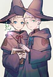 Rule 34 | 2boys, aged down, black headwear, blonde hair, blue eyes, book, brothers, child, diagonal bangs, green eyes, hat, highres, holding, holding book, holding wand, hood, hood down, hooded robe, looking at viewer, magic, male focus, millions knives, mole, mole under eye, multiple boys, raku7560, robe, short hair, siblings, simple background, smile, sprout, trigun, trigun stampede, twins, upper body, vash the stampede, wand, white background, witch hat
