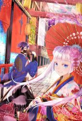 Rule 34 | 1boy, 1girl, architecture, blue eyes, blunt bangs, dated, east asian architecture, floral print, flower, hair flower, hair ornament, highres, lantern, long hair, looking at viewer, mask, nengajou, new year, original, outdoors, over shoulder, paper lantern, para sitism, parasol, purple hair, red eyes, smile, twintails, umbrella, white hair
