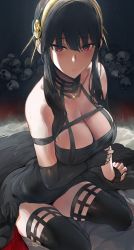 Rule 34 | 1girl, arm under breasts, bare shoulders, black dress, black gloves, black hair, black thighhighs, blush, breasts, cleavage, closed mouth, commentary, dress, elbow gloves, fingerless gloves, flower, frown, glint, gloves, gold hairband, hair between eyes, hair flower, hair ornament, hairband, hews, highres, large breasts, long hair, looking at viewer, off-shoulder dress, off shoulder, pile of skulls, red eyes, rose, sidelocks, single elbow glove, single fingerless glove, sitting, skull, solo, spikes, spy x family, sweat, thighhighs, two-sided dress, two-sided fabric, yokozuwari, yor briar, zettai ryouiki