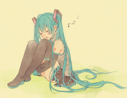 Rule 34 | 1girl, bad id, bad pixiv id, beamed eighth notes, beige background, black skirt, blue hair, closed eyes, eighth note, full body, graphite (medium), grey shirt, hatsune miku, knees to chest, long hair, musical note, parted lips, pood1e, quarter note, shirt, simple background, sitting, skirt, sleeveless, sleeveless shirt, solo, thighhighs, traditional media, very long hair, vocaloid