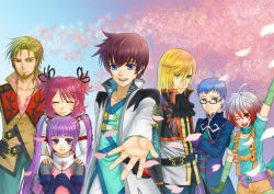 Rule 34 | 3girls, 4boys, asbel lhant, ascot, blonde hair, blue eyes, blue hair, blue shirt, brothers, brown hair, cheria barnes, cherry blossoms, flower, glasses, gradient hair, heterochromia, hubert ozwell, mako (caramel08), malik caesars, multicolored hair, multiple boys, multiple girls, pascal (tales), petals, pink hair, purple eyes, purple hair, red hair, richard (tales), shirt, siblings, sophie (tales), tales of (series), tales of graces, twintails, two side up, white hair