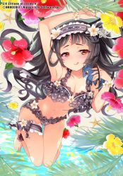 Rule 34 | 1girl, :q, arm up, armpits, bare arms, bare shoulders, barefoot, bikini, black bikini, black hair, breasts, closed mouth, collarbone, commentary request, creature, facial mark, flower, forehead mark, frilled bikini, frills, hair spread out, hand up, headdress, hibiscus, ichiyou moka, bridal garter, long hair, looking at viewer, lying, navel, on back, orange eyes, plant, red flower, small breasts, smile, solo, stomach, swimsuit, thighs, tongue, tongue out, upside-down, watermark, white flower, yellow flower, z/x