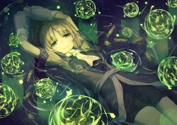 Rule 34 | 1girl, black dress, blonde hair, brown jacket, dress, fingerless gloves, gloves, green eyes, highres, jacket, looking at viewer, mizuhashi parsee, partially submerged, river, smile, solar torch, solo, touhou, white gloves