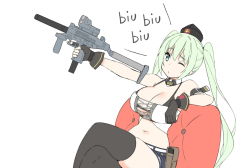 Rule 34 | 1girl, black thighhighs, breasts, cleavage, commentary request, girls&#039; frontline, gloves, green eyes, green hair, gun, hat, large breasts, long hair, micro uzi (girls&#039; frontline), micro uzi (mod3) (girls&#039; frontline), mod3 (girls&#039; frontline), navel, plump, shorts, simple background, sky-freedom, solo, thighhighs, twintails, very long hair, weapon, white background
