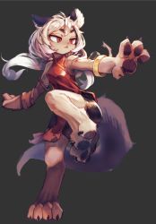 Rule 34 | 1girl, animal hands, body fur, china dress, chinese clothes, dress, female focus, fighting stance, furry, furry female, gilmang, grey background, kung fu, open mouth, original, red eyes, simple background, sleeveless, solo, standing, standing on one leg, white hair