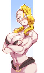 Rule 34 | 1girl, absurdres, barbarian, blonde hair, blue eyes, blush, breasts, cleavage, crossed arms, highres, hilde (nisego), large breasts, looking at viewer, muscular, muscular female, nisego, o-ring, o-ring bottom, solo