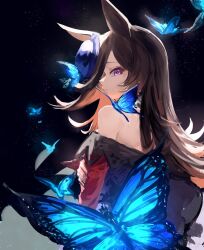Rule 34 | 1girl, animal ears, bare shoulders, black hair, blue flower, blue rose, breasts, bug, butterfly, dark background, dress, flower, hair over one eye, horse ears, horse girl, horse tail, inishie kumo, insect, long hair, looking at viewer, purple eyes, rice shower (umamusume), rose, small breasts, smile, solo, tail, tilted headwear, umamusume, upper body