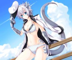Rule 34 | 10s, 1girl, bikini, blue eyes, breasts, claws, cleavage, cloud, day, dragon girl, dragon horns, dragon tail, female admiral (kancolle), front-tie top, g (genesis1556), gradient background, hat, horns, kantai collection, large breasts, leaning, military, military uniform, monster girl, navel, original, peaked cap, short hair, silver hair, sky, smile, solo, swimsuit, tail, tsubasa ryuuji, uniform
