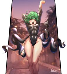 Rule 34 | 1girl, adapted costume, arms up, black dress, breasts, commentary, curly hair, curvy, dress, english commentary, evening, green eyes, grey hair, highres, itskawer, kawer, leotard, long sleeves, medium breasts, medium hair, one-punch man, one eye closed, outdoors, shiny skin, solo, standing, stretching, tatsumaki, wide hips, yawning