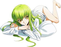 Rule 34 | 1girl, artist request, barefoot, blush, bottomless, c.c., closed mouth, code geass, code geass: lost stories, crossed arms, feet, female focus, full body, game cg, green hair, hair between eyes, happy, legs, long hair, long sleeves, looking at viewer, lying, non-web source, official art, on pillow, on stomach, pillow, shirt, sidelocks, simple background, smile, solo, thighs, transparent background, white shirt, yellow eyes