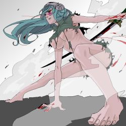 Rule 34 | 1girl, agatsumaattsu, arrancar, barefoot, bent over, bleach, blood, breasts, facial mark, fighting stance, green hair, large breasts, long hair, looking away, nelliel tu odelschwanck, oekaki, outstretched arm, parted lips, red eyes, serious, shangrila1925, solo, sword, torn clothes, underboob, weapon