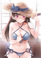 Rule 34 | 1girl, absurdres, bikini, black hair, blue bikini, blush, breasts, choukai (kancolle), cleavage, collarbone, commentary request, cowboy shot, criss-cross halter, front-tie bikini top, front-tie top, glasses, groin, halterneck, hat, highres, kantai collection, large breasts, long hair, looking at viewer, navel, red eyes, rimless eyewear, side-tie bikini bottom, smile, solo, straw hat, striped bikini, striped clothes, swimsuit, vertical-striped bikini, vertical-striped clothes, yunamaro