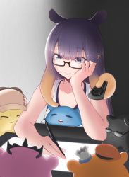 Rule 34 | 1girl, animalization, blue eyes, chef hat, clero (viprimo), controller, drawing tablet, glasses, hand on own cheek, hand on own face, hat, highres, hololive, hololive english, mini hat, mole, mole under eye, ninomae ina&#039;nis, pointy ears, purple hair, remote control, stylus, takodachi (ninomae ina&#039;nis), tentacle hair, virtual youtuber