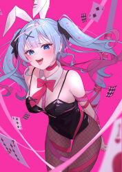 Rule 34 | 1girl, absurdres, animal ears, black leotard, blue eyes, blue hair, bound, breasts, card, fake animal ears, fishnet pantyhose, fishnets, hair ornament, hatsune miku, heart, heart-shaped pupils, highres, leaning forward, leotard, long hair, medium breasts, open mouth, pantyhose, pink pupils, pink ribbon, playboy bunny, playing card, rabbit ears, rabbit hole (vocaloid), ribbon, ribbon bondage, saliva, sayosayo-0, smile, solo, symbol-shaped pupils, teardrop facial mark, thigh strap, tongue, tongue out, twintails, vocaloid, x hair ornament