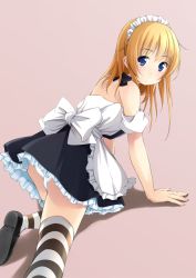 Rule 34 | 1girl, all fours, apron, ass, blonde hair, blue eyes, dress, from behind, long hair, looking back, maid, maid apron, maid headdress, original, panties, pantyshot, shibacha (shibacha 0728), shoes, simple background, solo, striped clothes, striped thighhighs, thighhighs, underwear, white panties