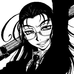 1girl bad_id bad_pixiv_id fangs female_focus freckles glasses greyscale grin hellsing lowres monochrome pixel_art rip_van_winkle smile solo yuuya_(yu-ya&#039;s)