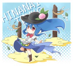 Rule 34 | 1girl, apron, blue hair, blush, boots, bow, character name, chibi, cloud, female focus, food, fruit, hair ornament, hat, hinanawi tenshi, kagetsu hana, leaf, long hair, looking at viewer, obi, outstretched arms, peach, red eyes, rope, sash, shimenawa, skirt, solo, standing, touhou