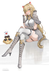 Rule 34 | 1girl, absurdres, animal, animal ears, animal print, bag, bird, black panties, blush, boots, brown hair, capelet, chocolate, crossed legs, detached sleeves, ear blush, full body, grey capelet, grey footwear, grey skirt, grey sleeves, hair ornament, hairclip, hand on own cheek, hand on own face, head rest, heart, heart-shaped eyewear, high heel boots, high heels, highres, indie virtual youtuber, knee boots, leopard ears, leopard girl, leopard print, leopard tail, long hair, miso (b7669726), no.fifteen, open mouth, panties, paw print, print boots, print capelet, print sleeves, shirt, short sleeves, simple background, sitting, skirt, solo, sunglasses, tail, thighs, underwear, very long hair, virtual youtuber, white background, white shirt, yellow eyes