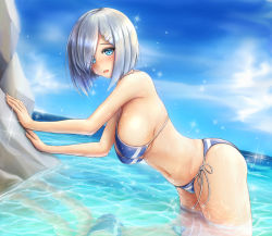Rule 34 | 10s, 1girl, absurdres, bikini, blue bikini, blue eyes, blush, breasts, cowboy shot, day, eyes visible through hair, hair ornament, hair over one eye, hairclip, hamakaze (kancolle), highres, kantai collection, large breasts, leaning forward, looking at viewer, onion (kumagaioyr), open mouth, outdoors, rock, short hair, side-tie bikini bottom, silver hair, solo, striped bikini, striped clothes, swimsuit, wading, water