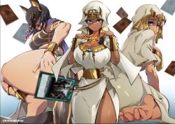 Rule 34 | 3girls, animahakim, ass, barefoot, bent over, black footwear, black mask, blue eyes, bracelet, breasts, dark-skinned female, dark skin, dress, duel monster, egypt, egyptian, egyptian clothes, gold bracelet, gravekeeper&#039;s spiritualist, headgear, ishizu ishtar, isis (yu-gi-oh!), jewelry, large breasts, looking at viewer, mask, mask on head, millennium necklace, multiple girls, open mouth, red eyes, side slit, tan, thick thighs, thighs, trading card, twitter username, white background, white dress, yu-gi-oh!, yu-gi-oh! duel monsters