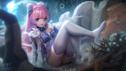 Rule 34 | 1girl, :d, beckoning, bow, censored, dress, fish, floating hair, genshin impact, gloves, gradient hair, hand up, horns, jewelry, leg up, long hair, looking at viewer, mosaic censoring, motion blur, multicolored hair, no shoes, open mouth, pink hair, pixiv id, purple dress, purple eyes, pussy, ring, sangonomiya kokomi, sarena, short dress, sitting, smile, solo, starfish, thighhighs, underwater, white gloves, white thighhighs