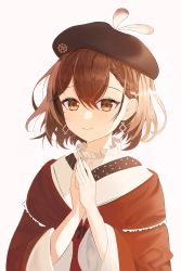 Rule 34 | 1girl, absurdres, beret, braid, brown eyes, brown hair, earrings, feathers, hat, highres, hololive, hololive english, japanese clothes, jewelry, kimono, looking at viewer, lussahyoxeyy1ov, nanashi mumei, nanashi mumei (new year), official alternate costume, own hands together, red shawl, ribbon, shawl, short hair, smile, solo, virtual youtuber, white kimono, wide sleeves