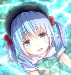 Rule 34 | 1girl, barefoot, blue eyes, blue hair, breasts, canae0, dress, face, female focus, from above, hair bobbles, hair ornament, hat, kawashiro nitori, key, matching hair/eyes, short hair, sitting, small breasts, smile, solo, touhou, twintails, wariza, water