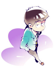 Rule 34 | 10s, 1boy, bowl cut, brown hair, dossei, dutch angle, formal, from above, hands in pockets, highres, jitome, male focus, matsuno ichimatsu, messy hair, necktie, osomatsu-kun, osomatsu-san, osomatsu (series), purple eyes, simple background, slouching, solo, white background