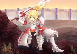 Rule 34 | 1girl, absurdres, armor, banner, blonde hair, braid, breastplate, clarent (fate), fate/apocrypha, fate/grand order, fate (series), fighting stance, french braid, green eyes, highres, inaroinaroi, mordred (fate), mordred (fate/apocrypha), on one knee, over shoulder, ponytail, scrunchie, sword, sword over shoulder, wall, weapon, weapon over shoulder