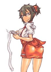 Rule 34 | 1girl, apron, ass, brown hair, cowboy shot, from behind, glasses, looking back, original, pantylines, receipt, skirt, solo, sweatdrop, tagane, updo, waitress