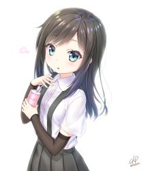 Rule 34 | 1girl, arm warmers, asashio (kancolle), black hair, blouse, blue eyes, can, drinking straw, from side, fuel, gotou hisashi, heart, holding, kantai collection, long hair, looking at viewer, pleated skirt, school uniform, shirt, short sleeves, signature, simple background, skirt, solo, suspenders, white shirt