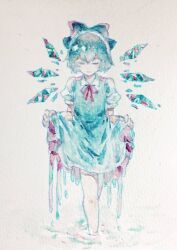 Rule 34 | 21scorpii, blue bow, blue dress, blue hair, bow, bowtie, cirno, closed eyes, collar, collared dress, curtsey, dress, dripping, fairy, fairy wings, frilled dress, frills, hair bow, ice, ice wings, light smile, melting, painting (medium), puffy short sleeves, puffy sleeves, red bow, red bowtie, short hair, short sleeves, touhou, traditional media, water, watercolor (medium), white collar, white sleeves, wings